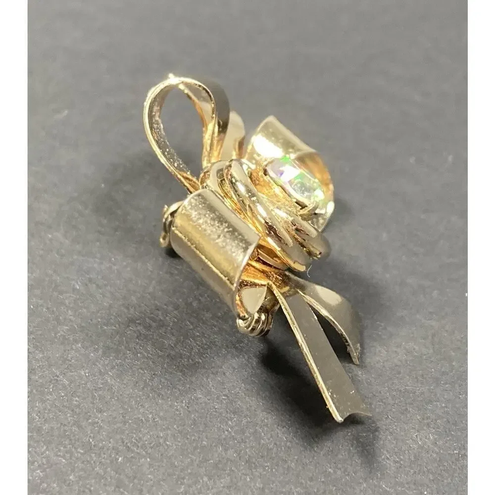 Vintage Coro Flower and Bow Brooch Gold Tone Clear Crystal Center Signed